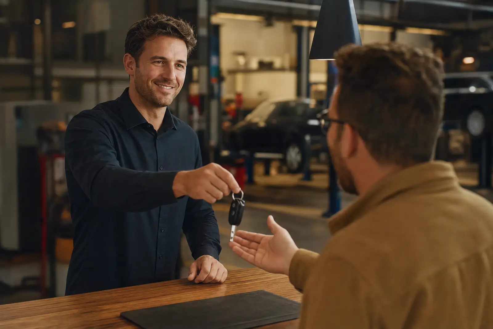 Workshop employee handing a car key to a customer at the counter