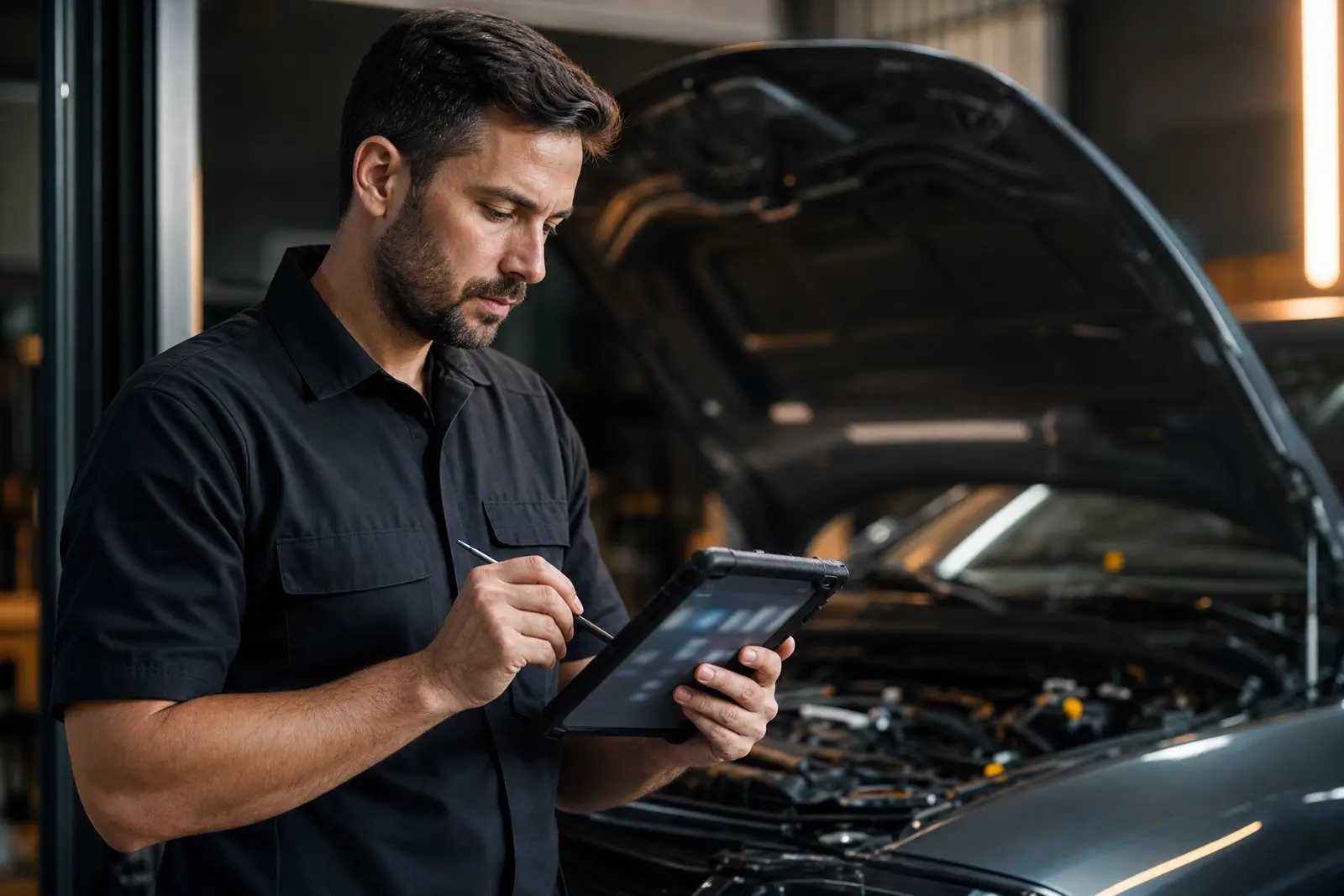 Car mechanic recording a job on a tablet in front of an open engine bay