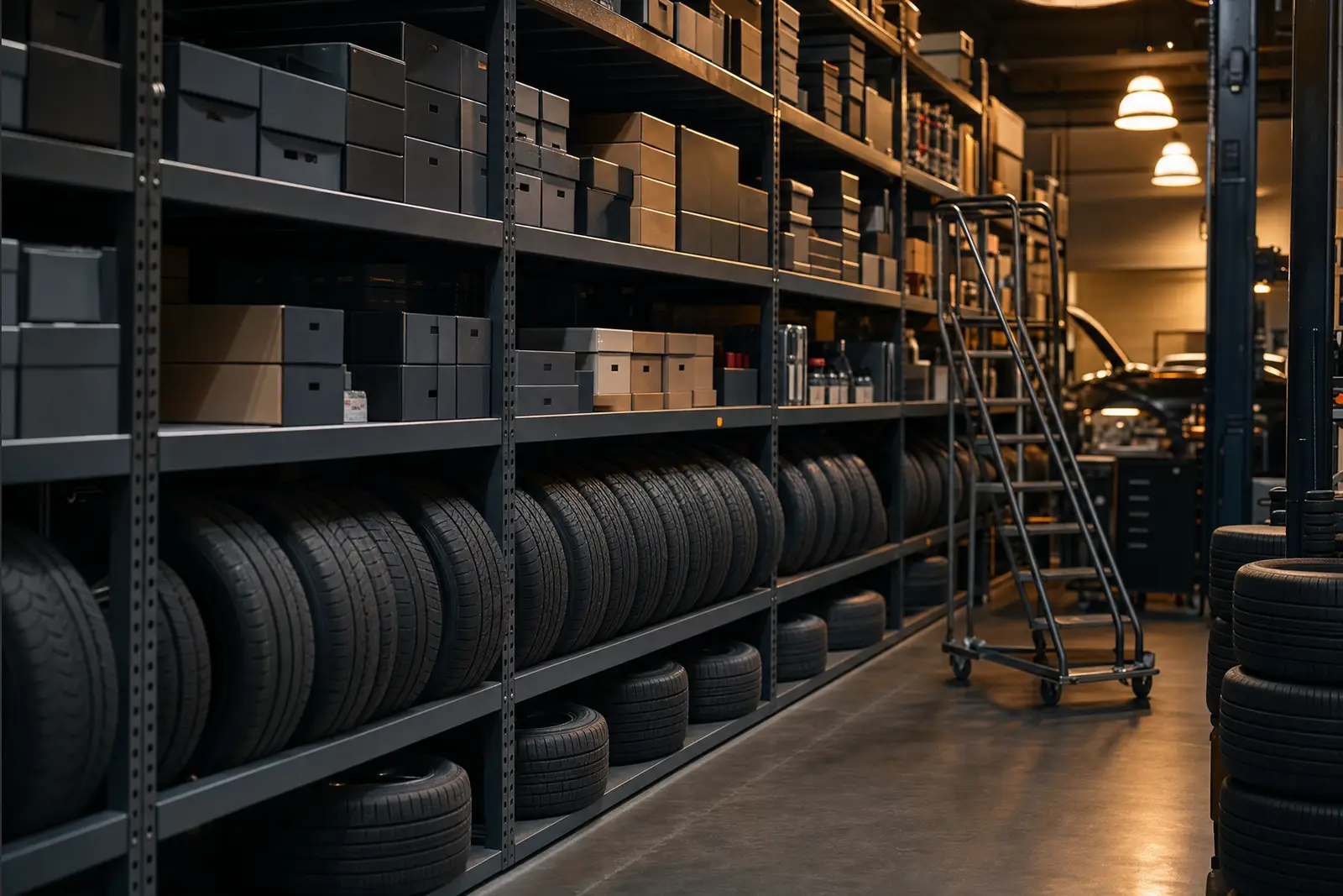 Workshop stockroom with parts shelving and stored tires