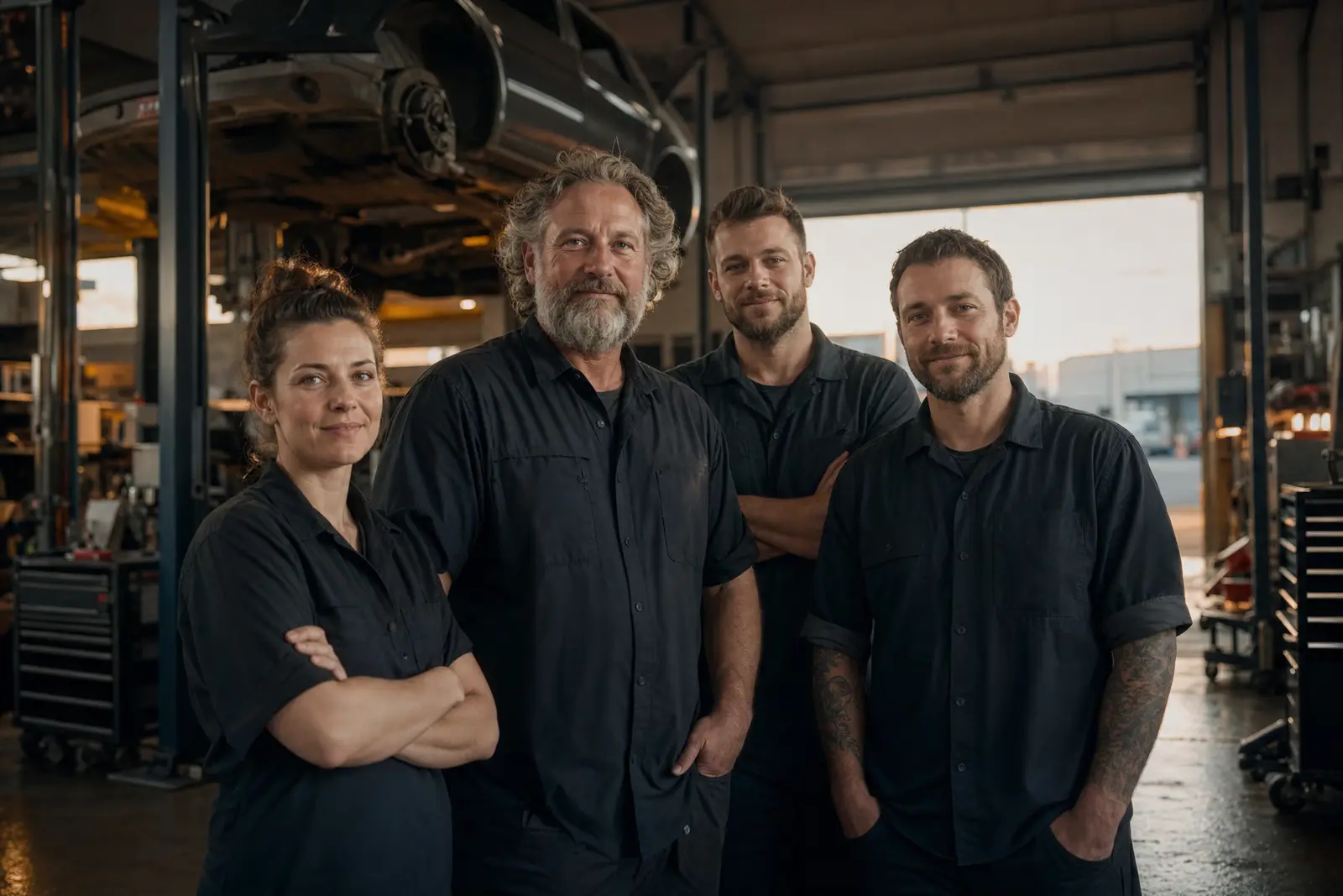 Workshop team in work clothes in front of a car on the lift